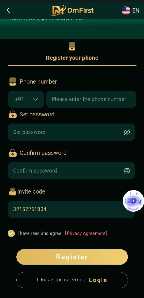 DMFirst Account Registration Screen with VIP Invitation Code 32157251804 and ₹500 Bonus