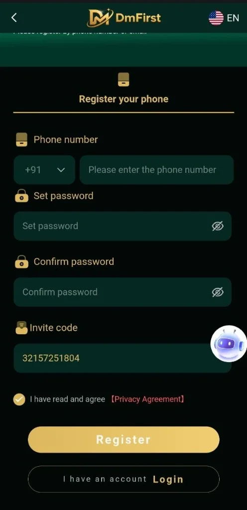 DMFirst Official Account Registration Screen with VIP Invitation Code 32157251804 and ₹500 Bonus