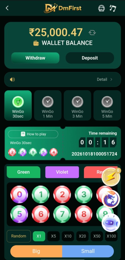 DMFirst Win Go Live Color Prediction Interface with 30-Second Countdown and Color Betting Options