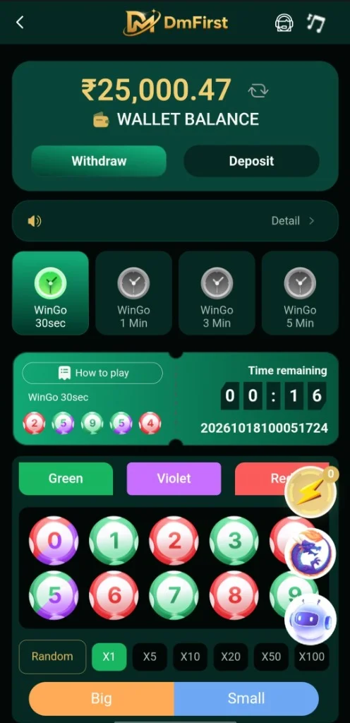 DMFirst Win Go 30-Second Color Prediction Interface showing Green Violet Red and Number Multipliers